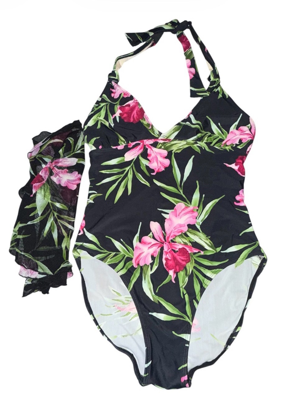 White Stag Black Tropicalone piece Swim suit with mesh cover up